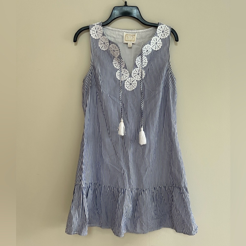 Sail to Sable Blue and White Striped Tiered Sleeveless Dress with Ruffle Hem, XS